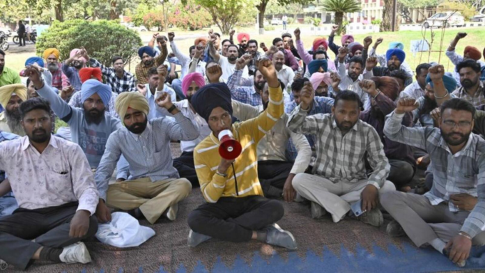 Teachers at PAU protest on the first day of Kisan Mela.