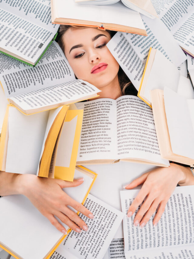 beautiful girl with books above, education and reading concept